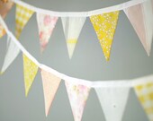 Party Bunting, Pennant Banner - Vintage Fabric - Yellow, Coral/Peach, Gray, Pink - Mini Flags