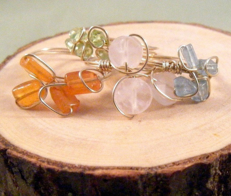 Handmade 14K gold vermeil wire wrapped cluster ring Your choice of peridot, quartz, or carnelian