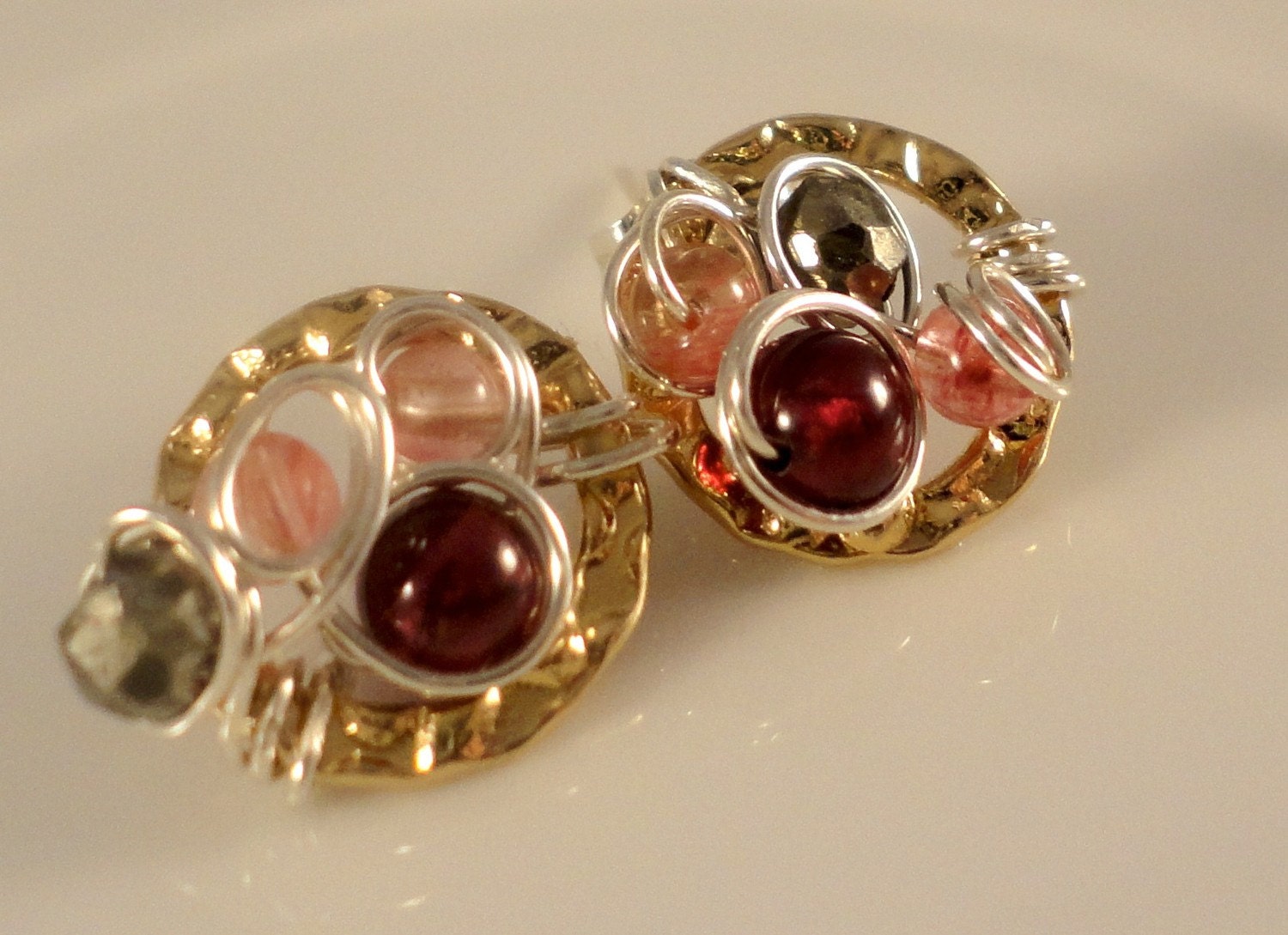 Golden Cobblestone stud post earrings garnet pearl cherry quartz 14K gold vermeil and sterling silver
