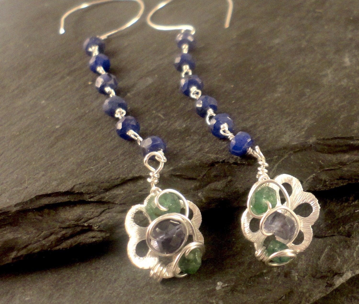 Buttercup silver cluster earrings sapphire iolite aventurine semiprecious stones on sterling silver