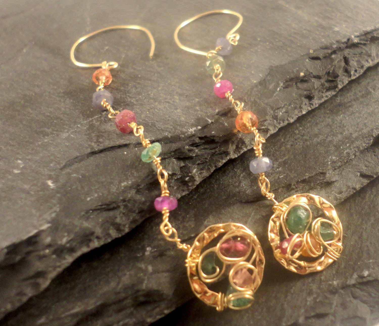 Cobblestone long wire wrapped earrings semiprecious stones 14K gold vermeil
