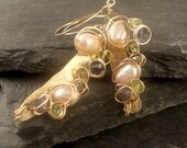 14K gold vermeil hand hammered wire wrapped earrings peridot pyrite iolite freshwater pearls