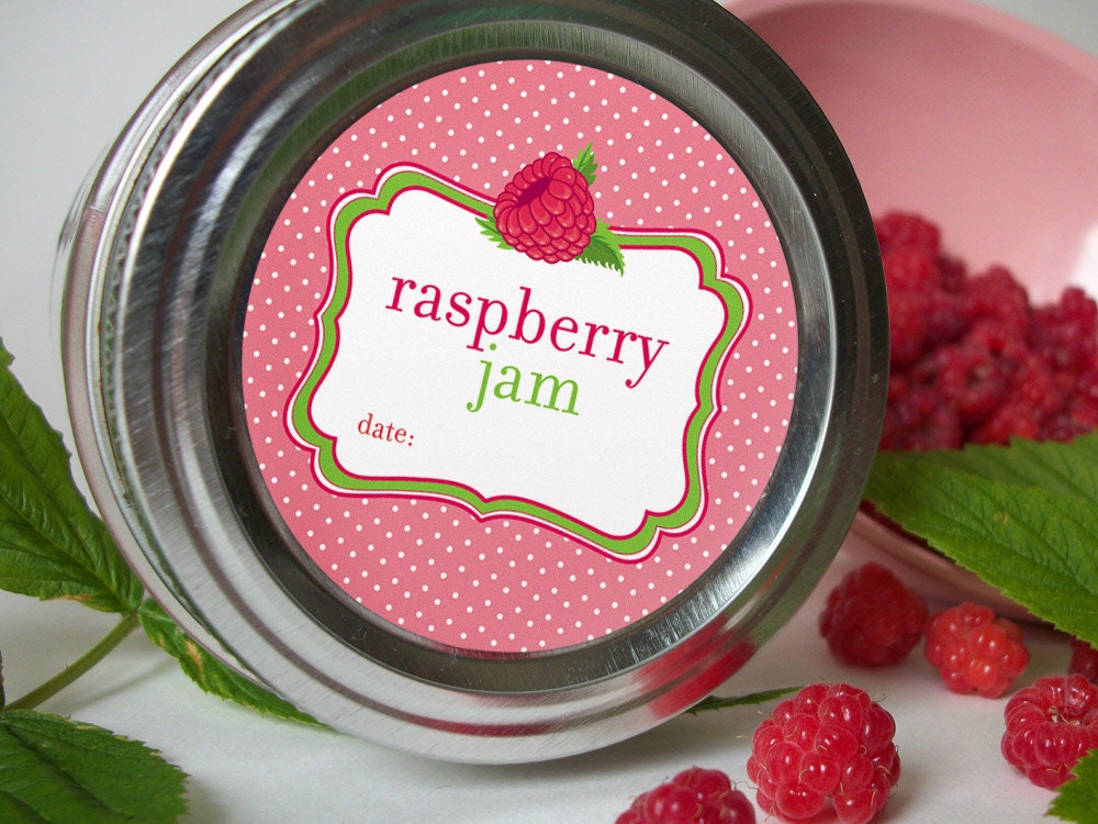 Raspberry Jam Canning Jar labels, 2 inch round stickers for fruit preservation
