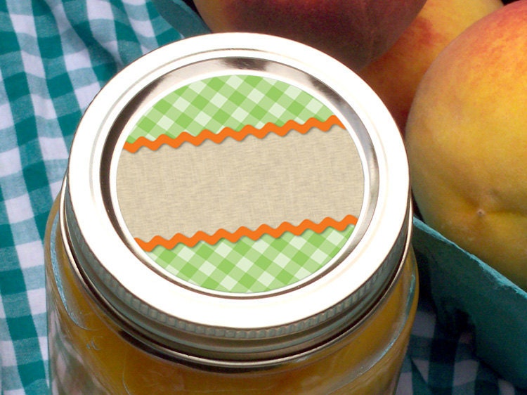 Scalloped Gingham Canning jar stickers, 2 inch round for fruit and vegetable preservation, jam and jelly