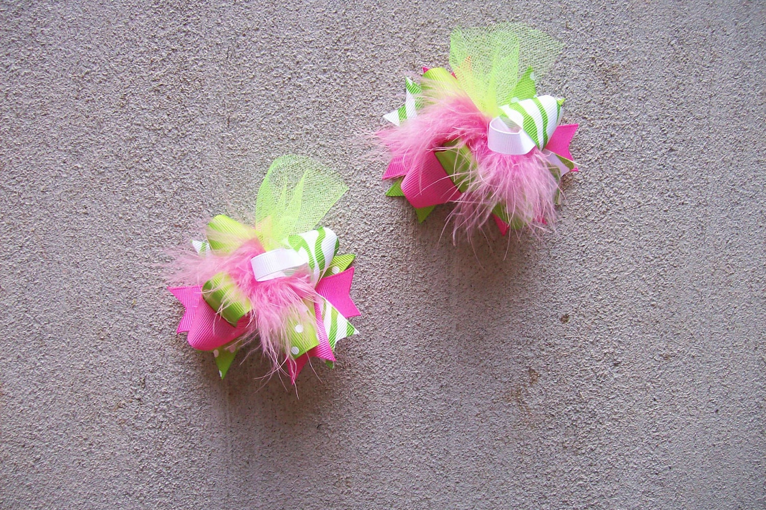 M2M Mud Pie Little Sprout---Hair Bows Set of 2---Mini Funky Fun Over the Top Bows---Pink and Lime