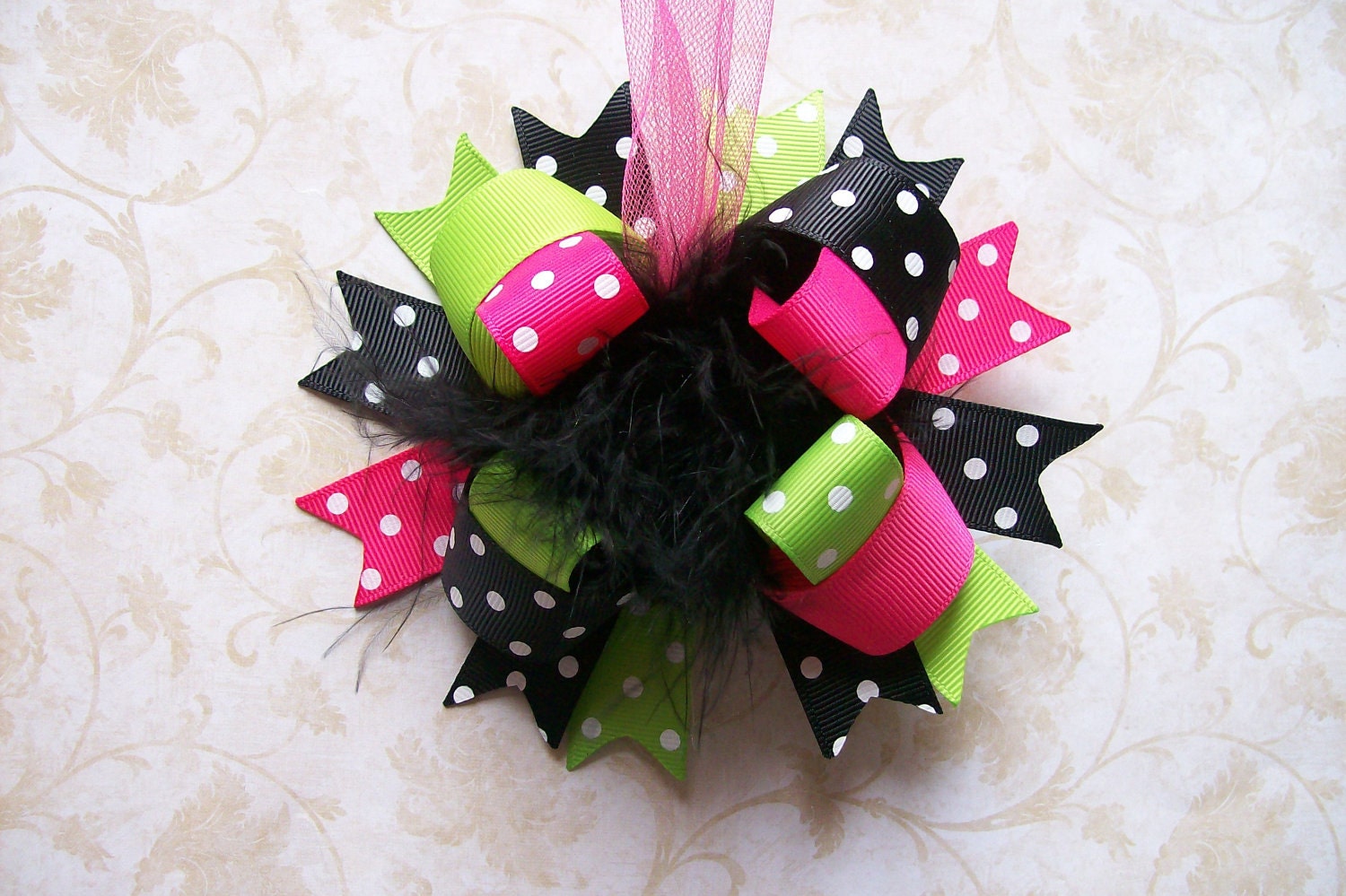 M2M Peaches N Cream---Hair Bow---FULL Size Funky Fun Over the Top Bow---Hot Pink, Lime and Black