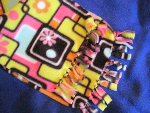 Bright, Brilliant Flowers and Dots in Pink, Yellow, White, Blue and Brown in Squares on Pink Fleece Scarf