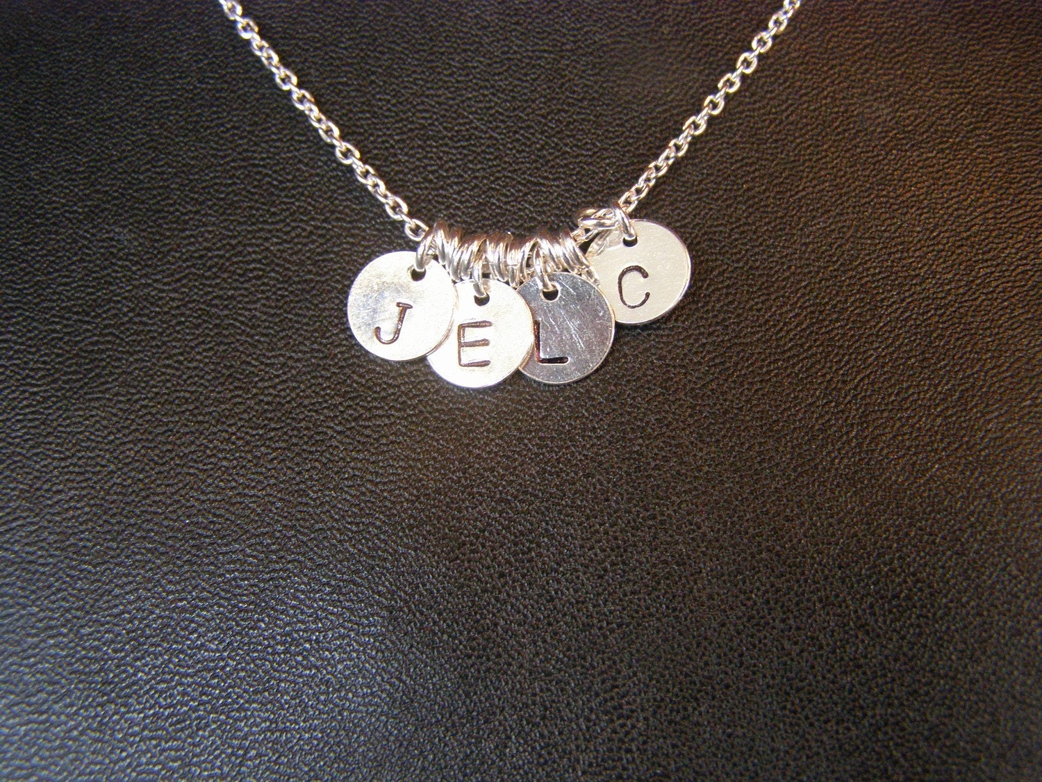 4 HAND STAMPED 9mm Intial Disc Quality Sterling Silver Necklace