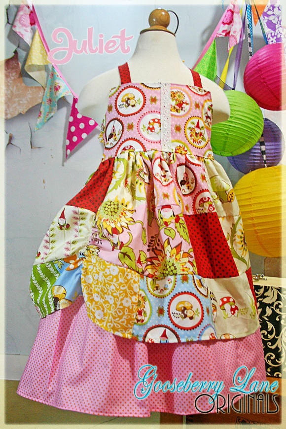 Gooseberry Lane Orginals Juliet in her Garden Patchwork Gnome Dress