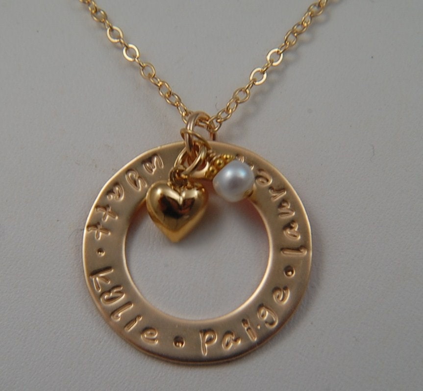 Hand Stamped Gold Washer....Personalized Necklace Child Names Mother Inspirational Jewelry