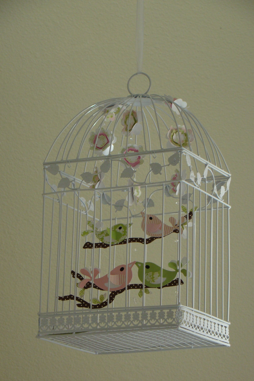 Pinks and Greens Family of 4 Bird Birdcage Mobile