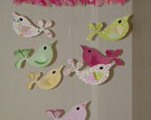 Pottery Barn Kids Penelope Pinks and Greens Big Birds Baby Mobile with Ribbon Nursery Decor