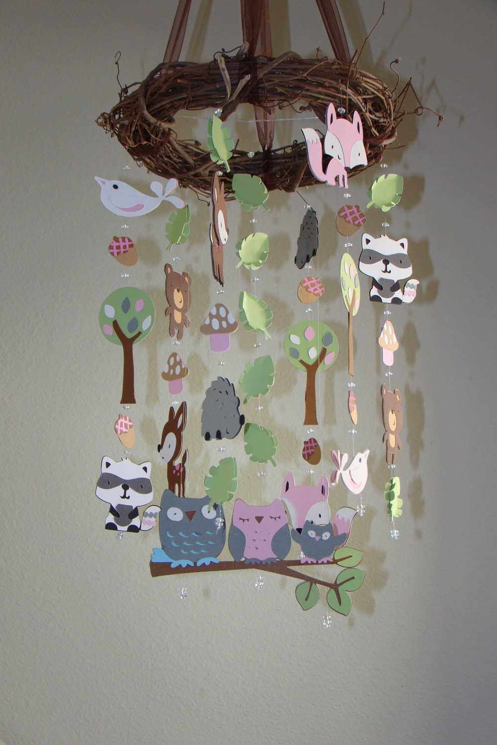 Pink and Girly Woodland Critter Forest Animal Baby Mobile