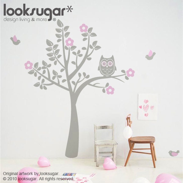 Children Wall Decal - Bird Tree Decal - Owl Tree Wall Art for Baby Nursery - 0039