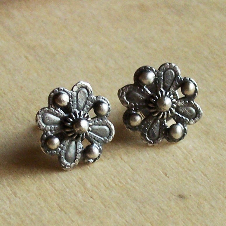 Flower studs, small earring studs, silver post earrings, rustic, flower earrings, metalsmithing metalwork