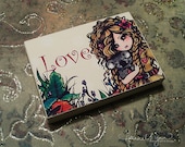 Wood Art Block ACEO "Love" Koala Aussie Girl Inspirational Art ATC Mini by Hannah Lynn