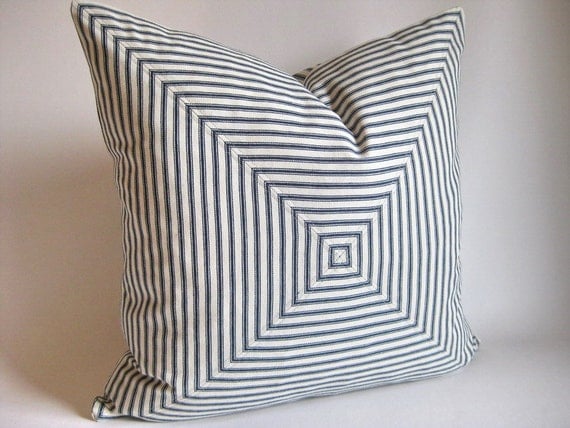 Pillow Cover Mitered Indigo Navy Blue Ticking Stripes