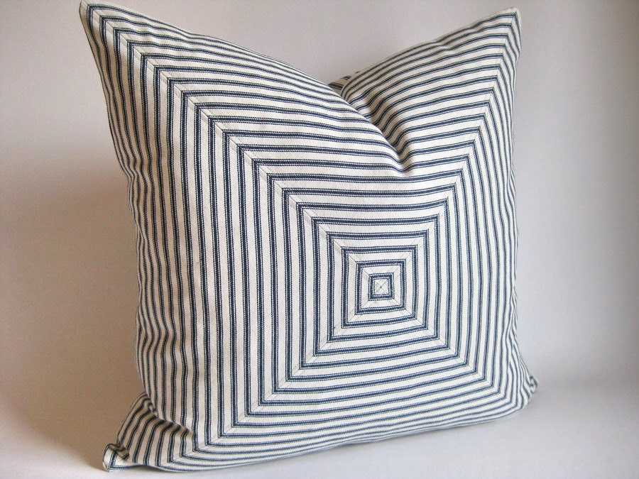 Pillow Cover Mitered Indigo Navy Blue Ticking Stripes