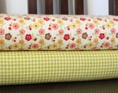 Multi Color Red Pink and Mustard Farmhouse Flower and Green Gingham Flannel Blanket Bundle, 2 Yards