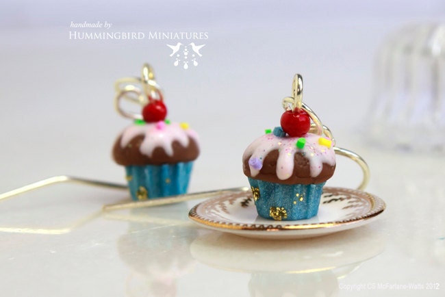 SALE - Glitter Cherry Cupcakes - Dangle Earrings