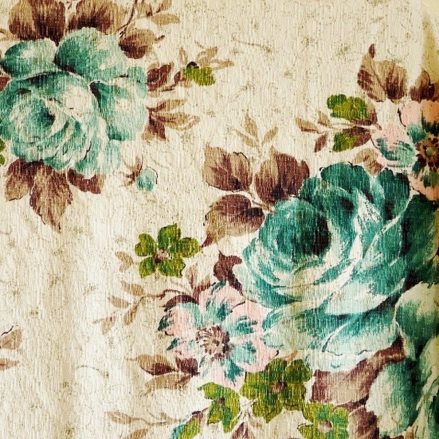 FABRIC VINTAGE BARKCLOTH Teal Green Pink Roses Brown Leaves Cream 44 x 78 1.9-lb