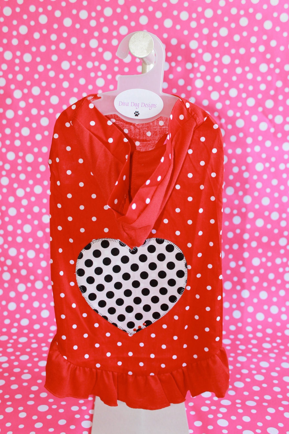 XXL Red & White Polka Dot Cotton Hoodie Dress with Appliqued Heart