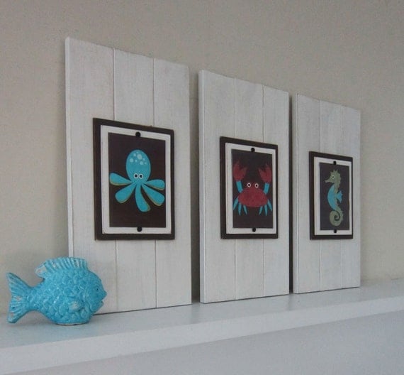 Set of 3 Long White Plank Frames with 5x7 Sea Animals Prints