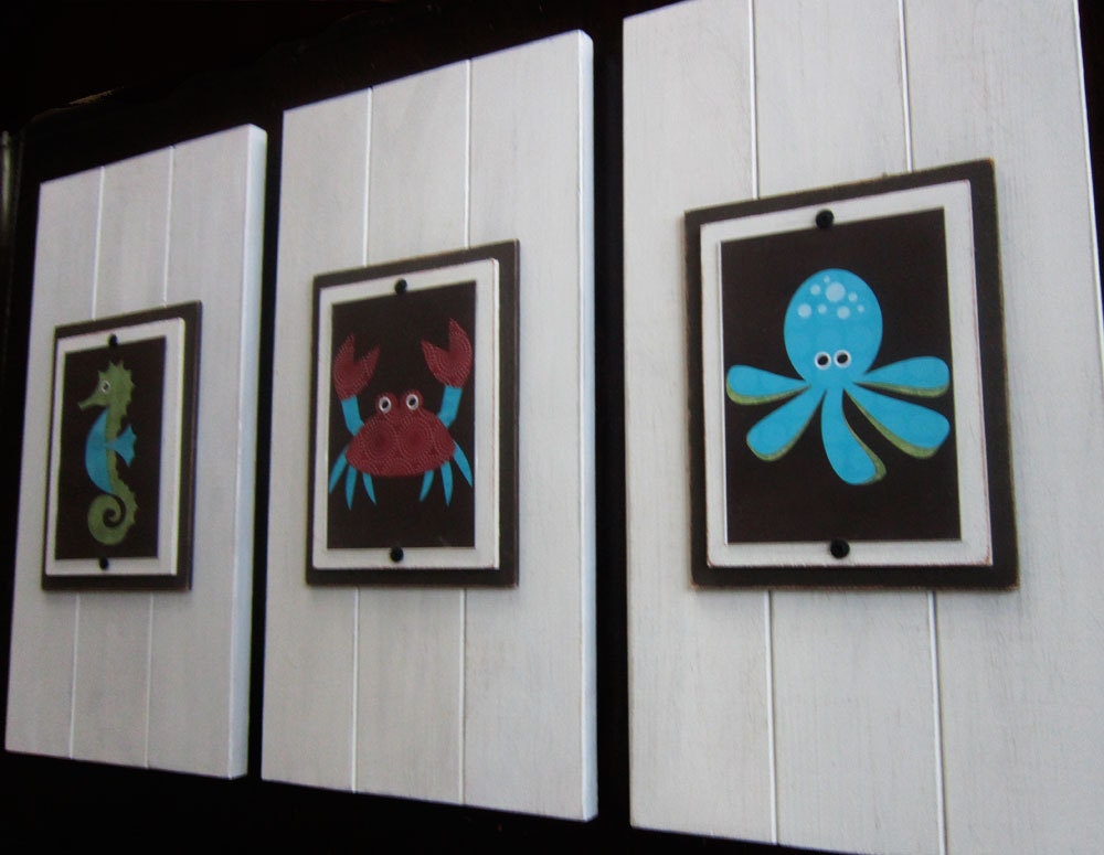 Set of 3 Long White Plank Frames with 5x7 Sea Animals Prints