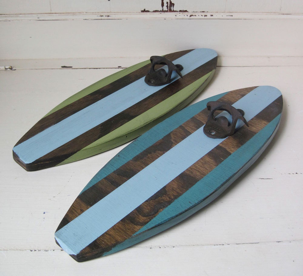 Turquoise and Blue Distressed Surboard Wall Mount Bottle Opener