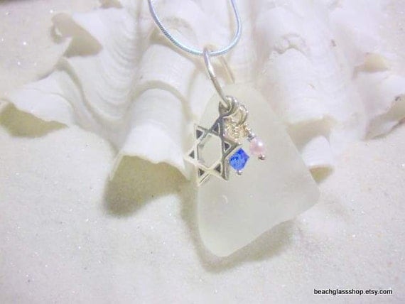 Hanukkah Sea Glass Star of David Beach Glass Necklace