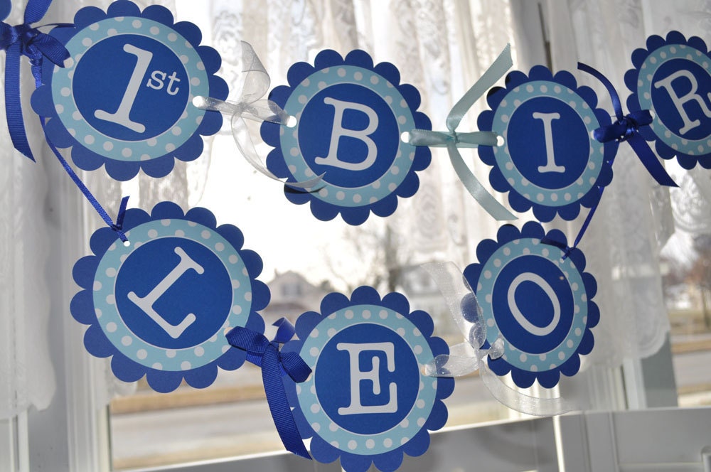 Happy 1st Birthday Banner - Boys Birthday Personalized Party Decorations - Blue and White Polkadots