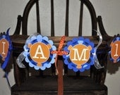 Boys 1st Birthday Highchair Banner - Blue, Orange and Brown Polkadots - Personalized - Boys Birthday Party Decorations
