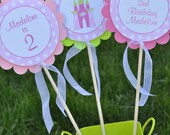 3 Centerpiece Sticks - Girls Princess Birthday Decorations - Pink and Green Polka Dots