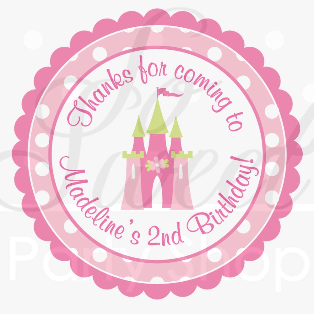 24 Princess Birthday Sticker Labels - Party Favors, Thank Yous, Envelope Seals, Party Decorations - Pink, Lime Green Polkadots