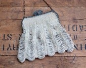 Antique Victorian Cream Glass Beaded Purse with Chain