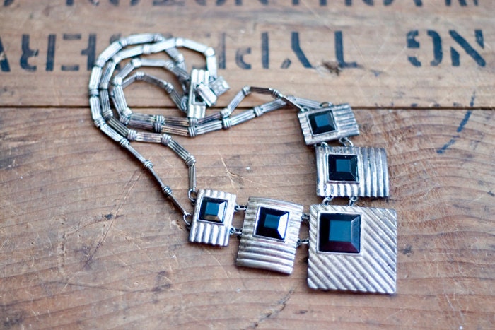 Antique Silver Necklace with Geometric Engraved Plates
