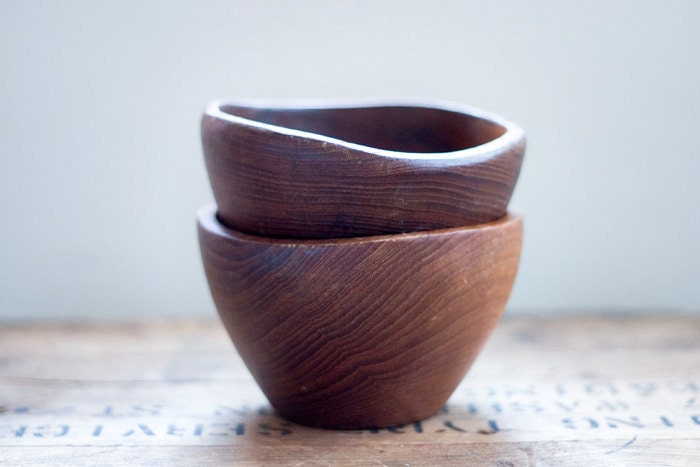Vintage Set of Teak Bowls Two Wooden Serving