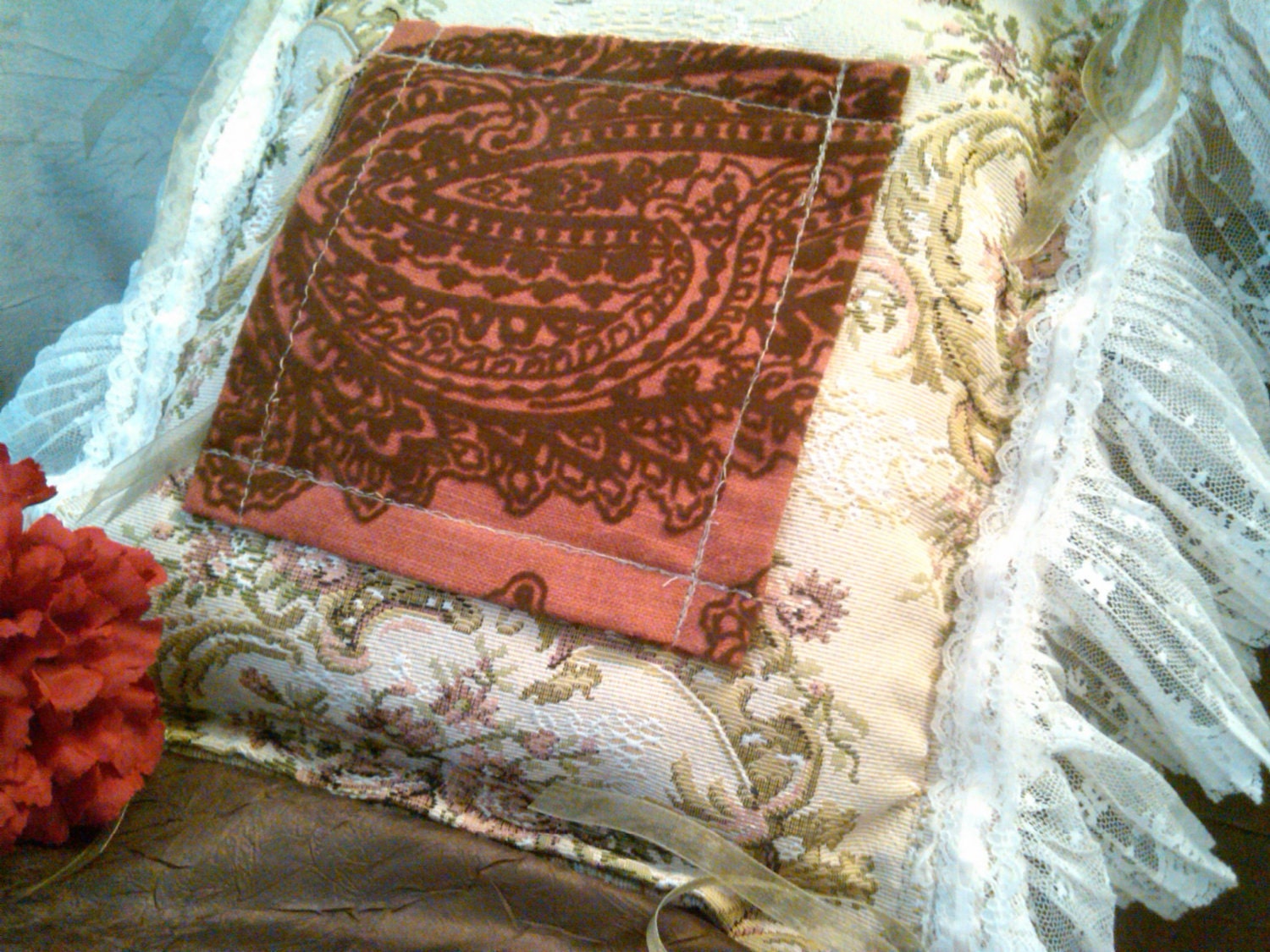 Burgundy, Pink and Cream Victorian Dream Meditation Prayer Pillow