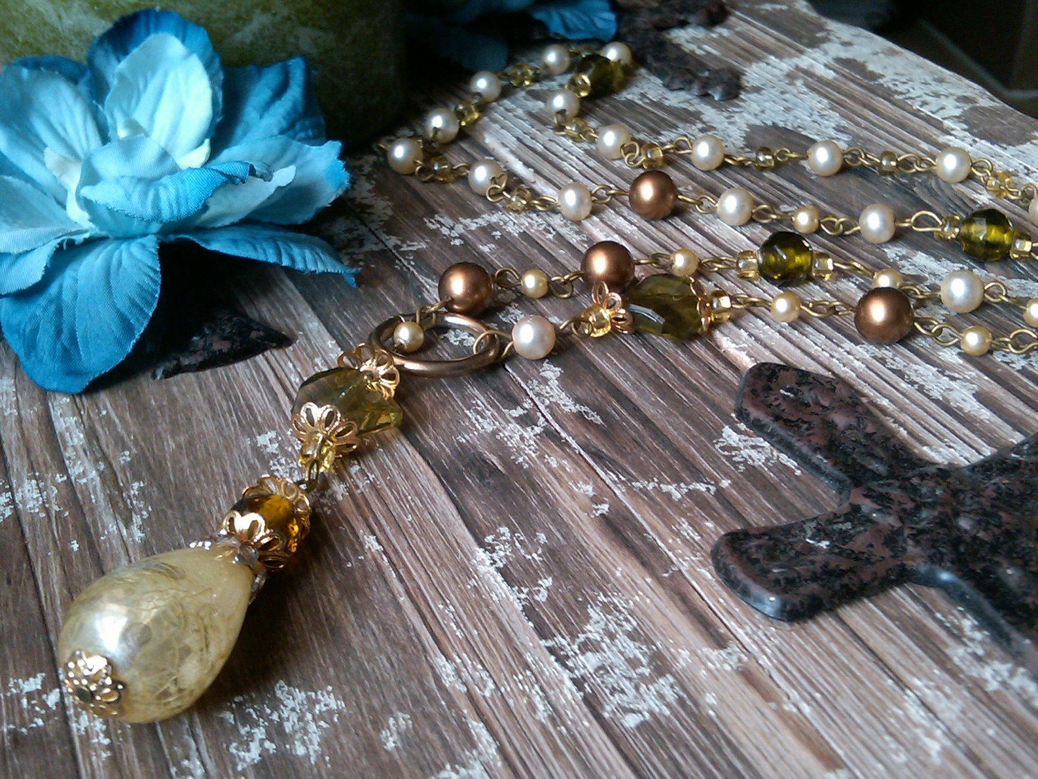 Olivine Assymetrical Victorian Lariat - Upcycled Vintage Necklace