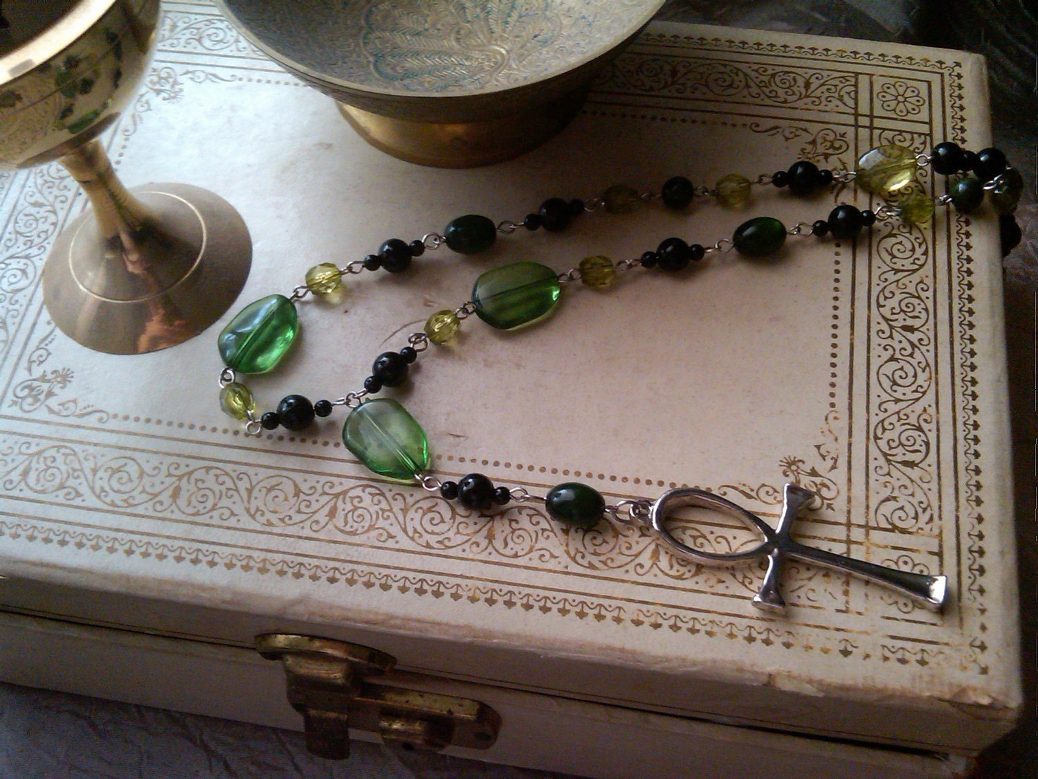 Mystic Green - Rosary Style Anhk Necklace in Greens and Blacks