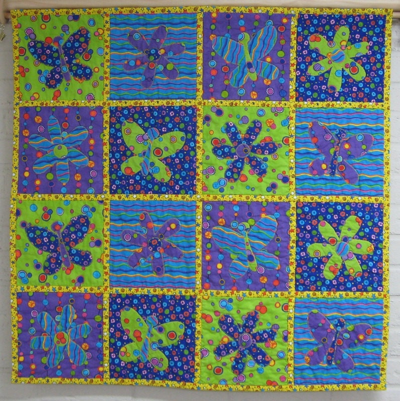 Butterfly & Flower Applique Wall Hanging - 32x32 - Two Sided - Lime Green, Aqua Blue, Purple, Yellow - KelleyInVermont