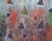 Abstract Mixed Media Art Contemporary Collage Rust Green Orange Brown Grey Triangles