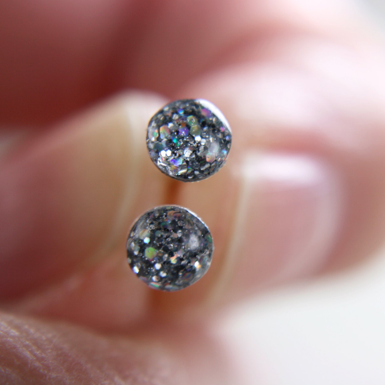 super tiny circle post earrings in iridescent silver - glitter earrings round post earrings