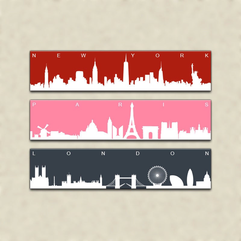 New York Paris London Triptych Canvas Giclee - Red / Pink / Dark Gray and White