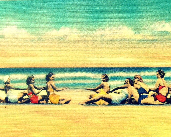 8x10 photograph beach print TUG o WAR 1940s red aqua yellow Florida coastal home decor vintage summer girls beach lover gift