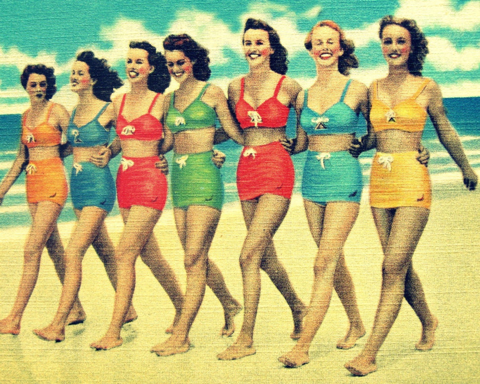 retro photography BEACH BABES 8x10 coastal color 1940s vintage red aqua yellow orange swimsuits beach lover gift Nostalgia