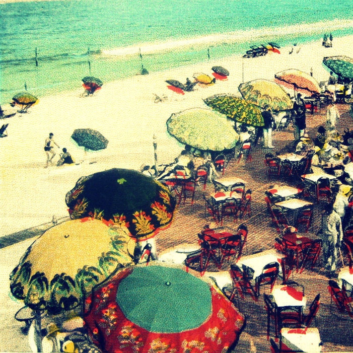 beach decor UMBRELLA BEACH 8x8 art photograph 1930s vintage photo red aqua yellow beach lover gift Nostalgia