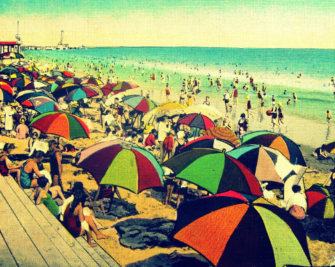 beach umbrellas photograph COLOR BEACH 8x10 beach art decor 1940s red aqua orange coastal print beach lover gift Nostalgia