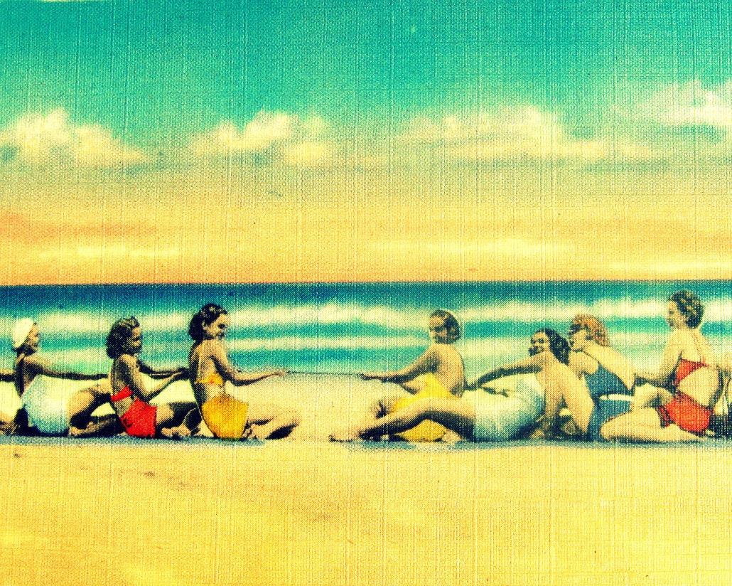 16x20 Print - Beach Photography - Tug-O-War Vintage Girls beach lover gift Nostalgia