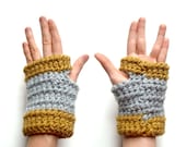 50% OFF SALE - crocheted fingerless gloves - mustard gray - chunky chic - gadget bicycling - Ready Handmade by dslookkin on Etsy